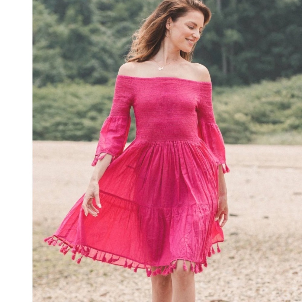 Dotti Anna Dress Bright Pink Smocked Tassel Cotton Mini Dress Large NWT